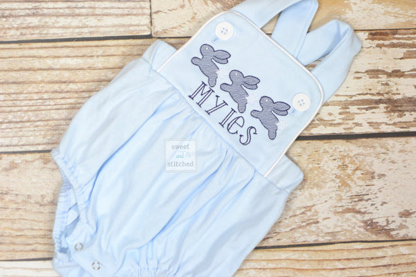 Monogrammed boys easter romper in baby blue, Boys easter outfit with running bunnies, baby boy bubble romper, baby boy easter bunny romper