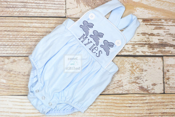 Monogrammed boys easter romper in baby blue, Boys easter outfit with running bunnies, baby boy bubble romper, baby boy easter bunny romper