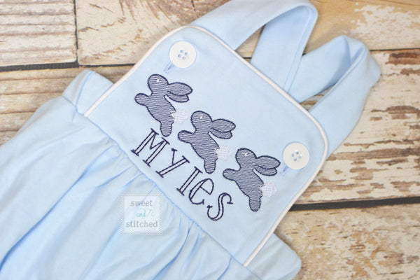 Monogrammed boys easter romper in baby blue, Boys easter outfit with running bunnies, baby boy bubble romper, baby boy easter bunny romper
