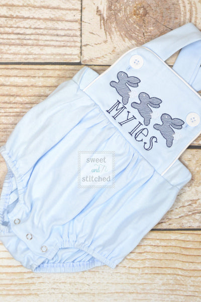 Monogrammed boys easter romper in baby blue, Boys easter outfit with running bunnies, baby boy bubble romper, baby boy easter bunny romper