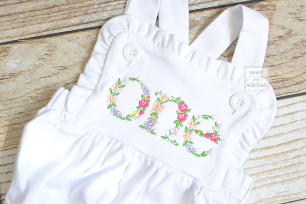 Embroidered baby girl cake smash outfit with floral ONE design, girls birthday outfit, cake smash outfit, Flower birthday outfit