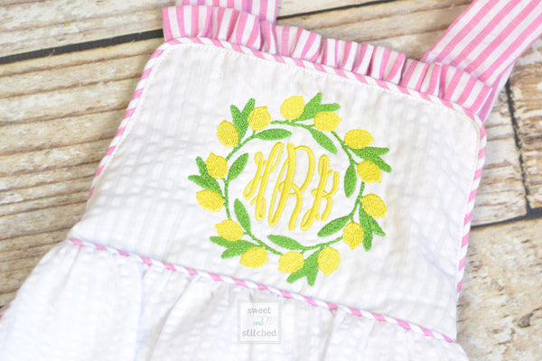 Monogrammed baby girl ruffle bubble with lemons, pink lemonade birthday outfit, 1st birthday cake smash outfit, Summer Beach Outfit