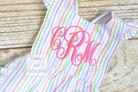 Monogrammed baby girl rainbow ruffle bubble with hot pink monogram, Seersucker girls bubble monogrammed, summer romper, girls Beach Outfit