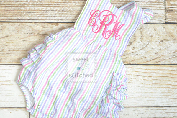 Monogrammed baby girl rainbow ruffle bubble with hot pink monogram, Seersucker girls bubble monogrammed, summer romper, girls Beach Outfit