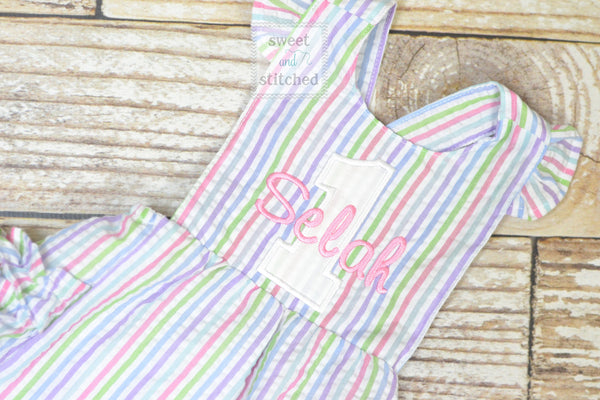 Monogrammed baby girl rainbow 1st birthday outfit ruffle bubble with 1 and name, Seersucker girls cake smash bubble