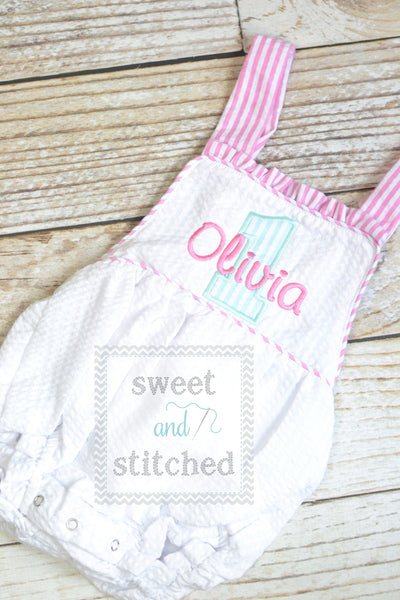 Monogrammed baby girl seersucker romper cake smash outfit, girls 1st birthday outfit cross backed bubble