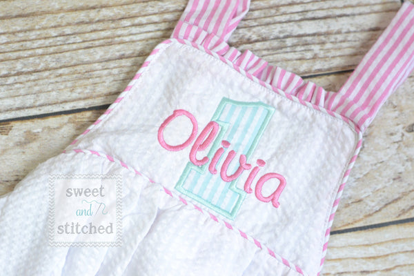 Monogrammed baby girl seersucker romper cake smash outfit, girls 1st birthday outfit cross backed bubble