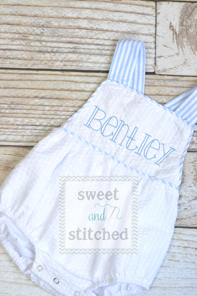 Monogrammed baby boy outfit, monogrammed boys seersucker bubble, baby boy romper, sunsuit, summer beach outfit, personalized boys clothing