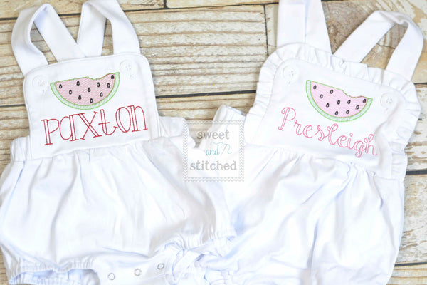 Monogrammed baby girl ruffle bubble with watermelons, girls summer watermelon outfit, 1st birthday cake smash outfit, Summer Beach Outfit
