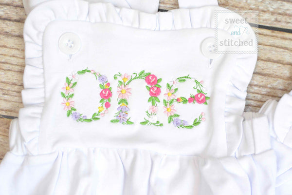 Embroidered baby girl cake smash outfit with floral ONE design, girls birthday outfit, cake smash outfit, Flower birthday outfit