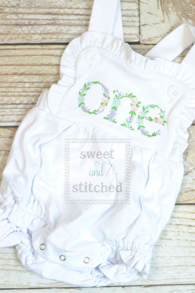 Embroidered baby girl cake smash outfit with floral ONE design, girls birthday outfit, cake smash outfit, Flower birthday outfit