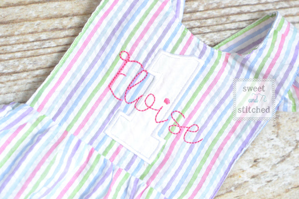 Monogrammed baby girl rainbow 1st birthday outfit ruffle bubble with 1 and name, Seersucker girls cake smash bubble