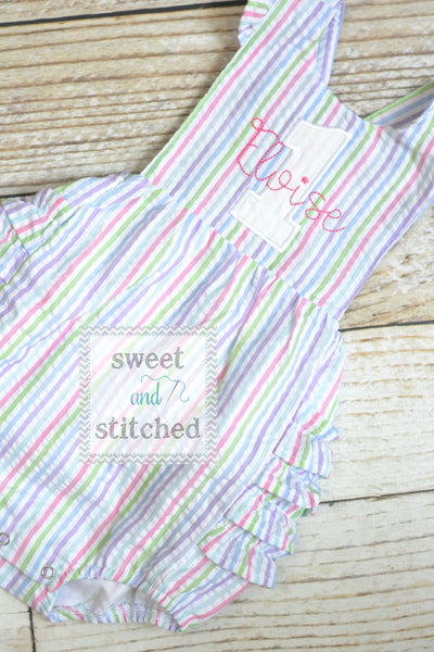 Monogrammed baby girl rainbow 1st birthday outfit ruffle bubble with 1 and name, Seersucker girls cake smash bubble