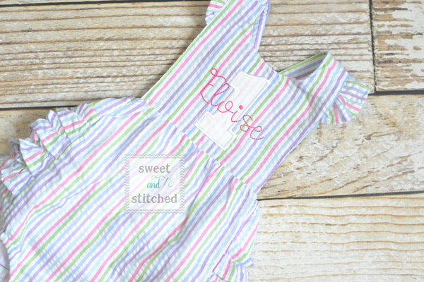 Monogrammed baby girl rainbow 1st birthday outfit ruffle bubble with 1 and name, Seersucker girls cake smash bubble