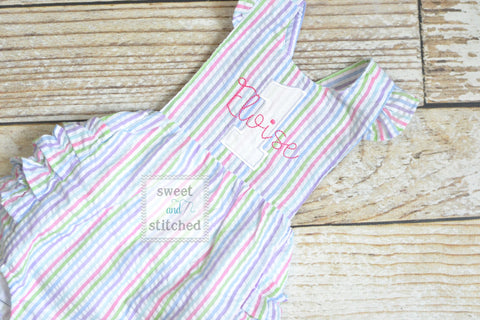 Monogrammed baby girl rainbow 1st birthday outfit ruffle bubble with 1 and name, Seersucker girls cake smash bubble