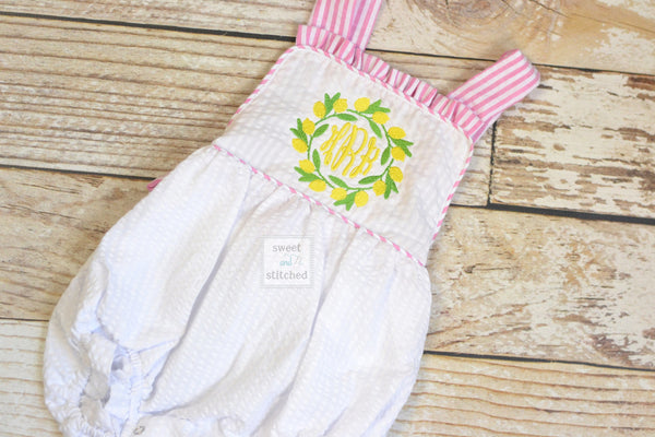 Monogrammed baby girl ruffle bubble with lemons, pink lemonade birthday outfit, 1st birthday cake smash outfit, Summer Beach Outfit