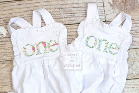 Embroidered baby girl cake smash outfit with floral ONE design, girls birthday outfit, cake smash outfit, Flower birthday outfit
