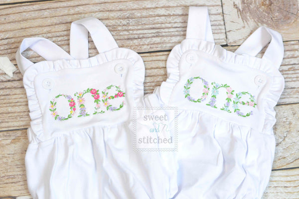 Embroidered baby girl pink cake smash outfit with floral ONE design, girls birthday outfit, cake smash outfit, Flower birthday outfit