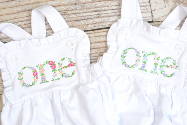Embroidered baby girl cake smash outfit with floral ONE design, girls birthday outfit, cake smash outfit, Flower birthday outfit