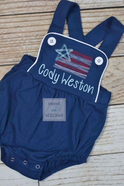 Boys 4th of July monogrammed outfit, boys patriotic bubble romper with vintage style flag design, baby boy sunsuit