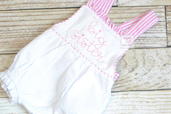 Big Sister outfit, embroidered big sister seersucker romper, girls cross backed bubble, big sister hospital outfit