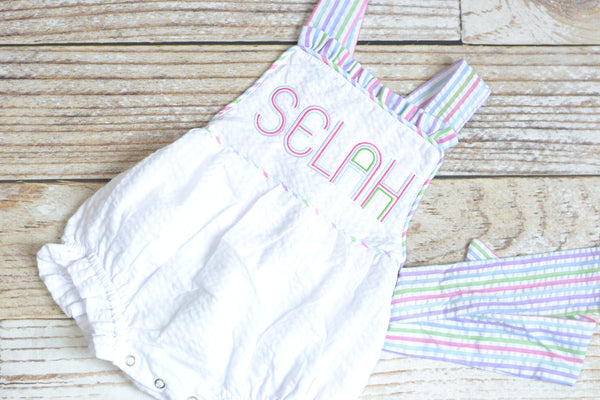 Monogrammed baby girl seersucker rainbow romper, girls cross backed bubble, girls summer romper, 1st birthday cake smash outfit