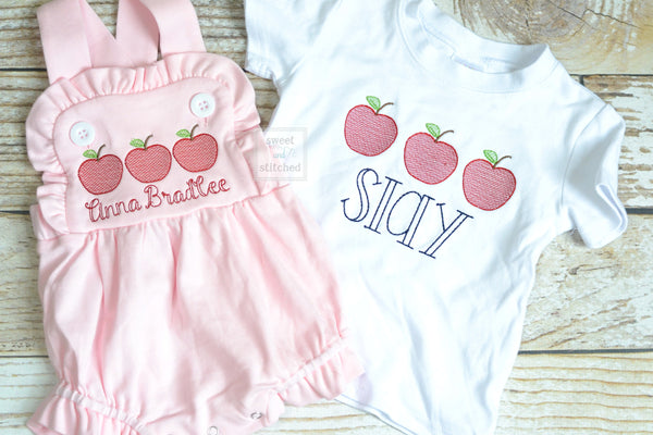 Monogrammed baby girl back to school outfit, monogrammed girls apple back to school bubble romper, cross backed sunsuit preschool outfit