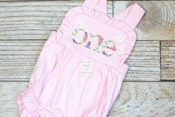 Embroidered baby girl pink cake smash outfit with floral ONE design, girls birthday outfit, cake smash outfit, Flower birthday outfit