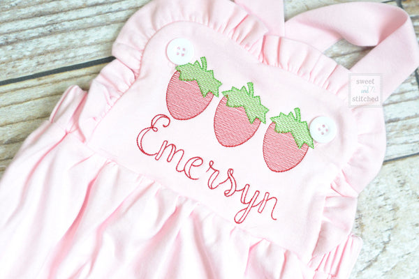 Monogrammed baby girl pink ruffle bubble with strawberries, girls strawberry outfit, 1st birthday cake smash outfit, Summer Beach Outfit