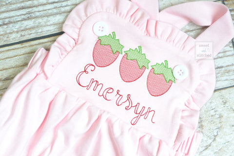 Monogrammed baby girl pink ruffle bubble with strawberries, girls strawberry outfit, 1st birthday cake smash outfit, Summer Beach Outfit