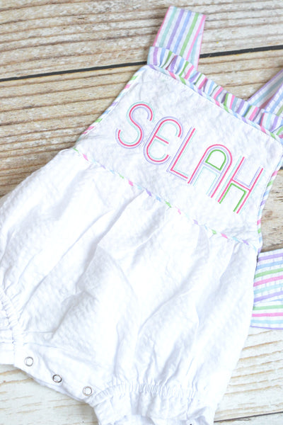 Monogrammed baby girl seersucker rainbow romper, girls cross backed bubble, girls summer romper, 1st birthday cake smash outfit