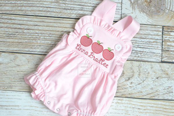 Monogrammed baby girl back to school outfit, monogrammed girls apple back to school bubble romper, cross backed sunsuit preschool outfit