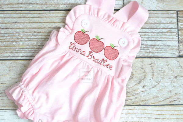 Monogrammed baby girl back to school outfit, monogrammed girls apple back to school bubble romper, cross backed sunsuit preschool outfit
