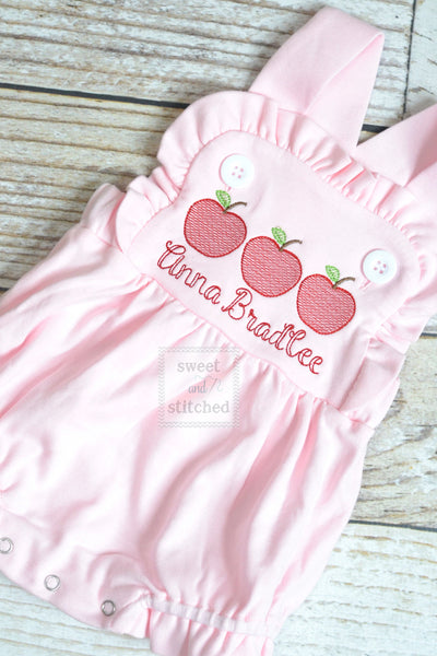 Monogrammed baby girl back to school outfit, monogrammed girls apple back to school bubble romper, cross backed sunsuit preschool outfit