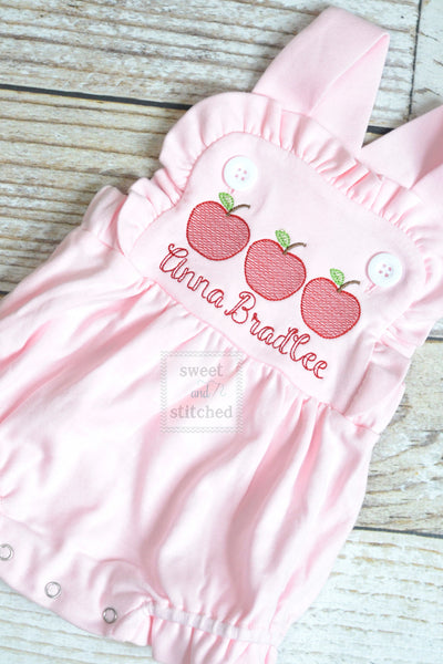 Monogrammed baby girl back to school outfit, monogrammed girls apple back to school bubble romper, cross backed sunsuit preschool outfit