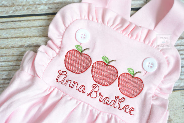 Monogrammed baby girl back to school outfit, monogrammed girls apple back to school bubble romper, cross backed sunsuit preschool outfit