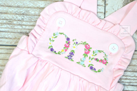 Embroidered baby girl pink cake smash outfit with floral ONE design, girls birthday outfit, cake smash outfit, Flower birthday outfit