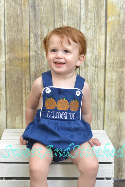 Monogrammed baby boy pumpkin outfit, monogrammed boys fall halloween thanksgiving outfit, bubble romper