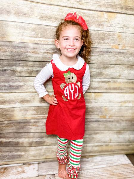 Girls Christmas Gingerbread dress - Monogrammed Christmas Gingerbread jumper dress- Corduroy Christmas jumper