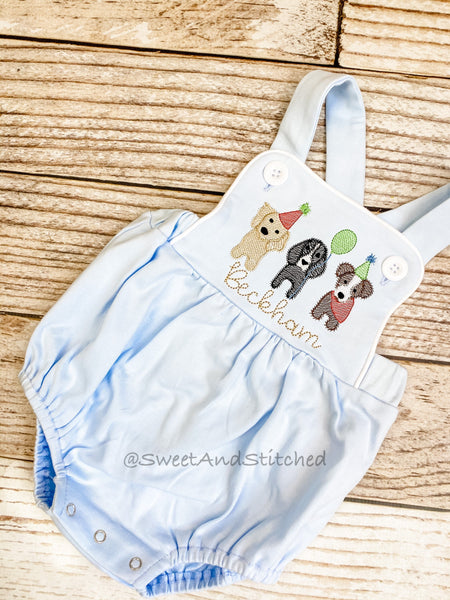 Monogrammed baby boy Birthday romper with puppies, dog birthday outfit, puppy or dog themed cake smash outfit, balloon birthday outfit