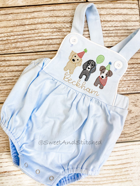 Monogrammed baby boy Birthday romper with puppies, dog birthday outfit, puppy or dog themed cake smash outfit, balloon birthday outfit