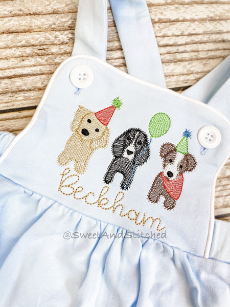 Monogrammed baby boy Birthday romper with puppies, dog birthday outfit, puppy or dog themed cake smash outfit, balloon birthday outfit