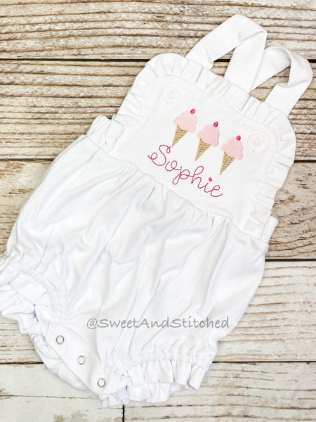 Monogrammed baby girl ruffle bubble with ice cream, girls summer ice cream cone outfit, 1st birthday cake smash outfit, Summer Beach Outfit