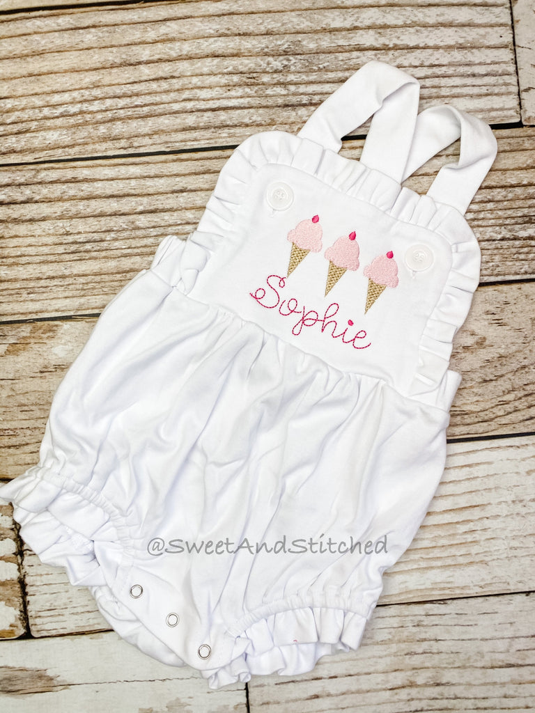 Monogrammed baby girl ruffle bubble with ice cream, girls summer ice cream cone outfit, 1st birthday cake smash outfit, Summer Beach Outfit