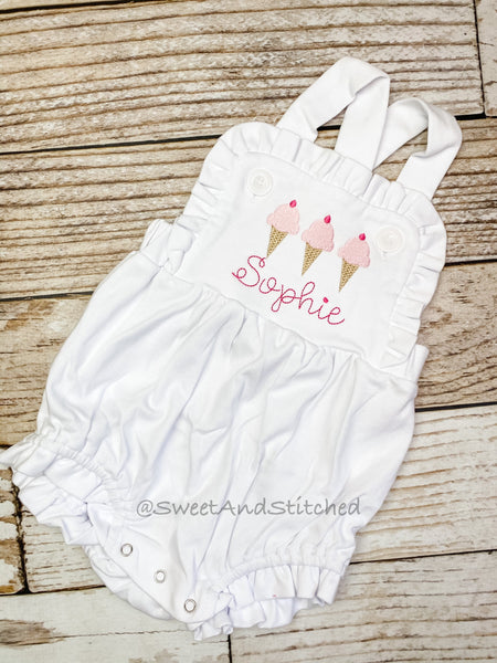 Monogrammed baby girl ruffle bubble with ice cream, girls summer ice cream cone outfit, 1st birthday cake smash outfit, Summer Beach Outfit