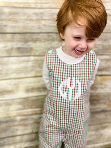 Monogrammed Christmas outfit boys in christmas plaid gingham, Boys Christmas overalls, Christmas longall, boys 1st Christmas outfit