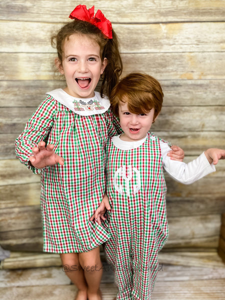 Monogrammed Christmas outfit boys in christmas plaid gingham, Boys Christmas overalls, Christmas longall, boys 1st Christmas outfit