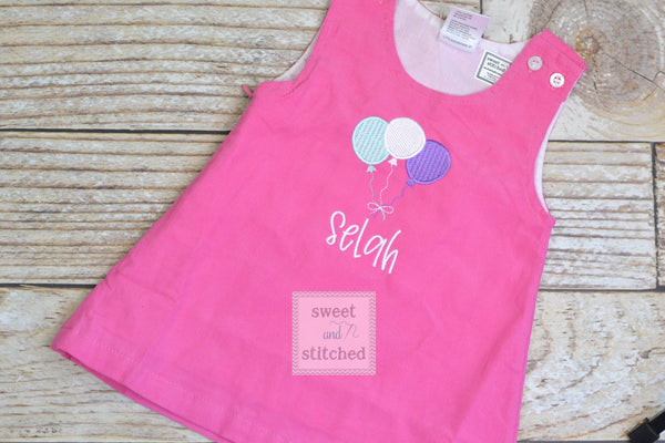 Girls hot Pink Corduroy BIRTHDAY dress - Monogrammed Pink cake smash dress- Corduroy jumper dress for 1st birthday with balloon design