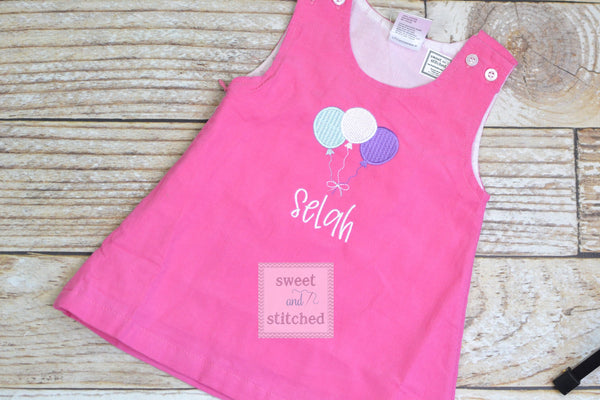 Girls hot Pink Corduroy BIRTHDAY dress - Monogrammed Pink cake smash dress- Corduroy jumper dress for 1st birthday with balloon design