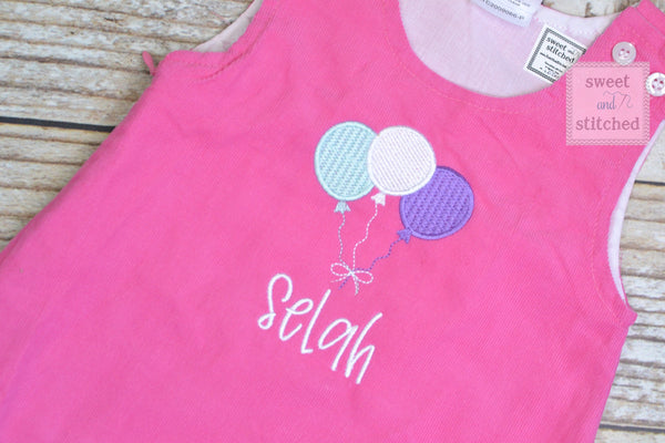 Girls hot Pink Corduroy BIRTHDAY dress - Monogrammed Pink cake smash dress- Corduroy jumper dress for 1st birthday with balloon design